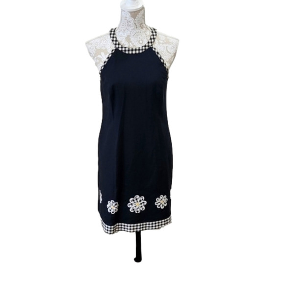 Jessica Howard Black Dress W/Flowers At Bottom Hem, Trimmed In Plaid 12P - Picture 1 of 4